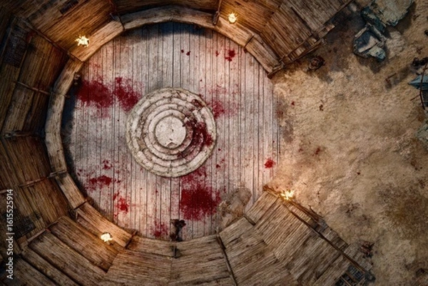 Fototapeta 	
Top-down view of a circular wooden battle arena with staircases, torches, and a bloodstained dirt floor, evoking a gritty fantasy combat setting or ancient gladiator pit	
