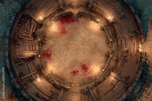 Fototapeta 	
Top-down view of a circular wooden battle arena with staircases, torches, and a bloodstained dirt floor, evoking a gritty fantasy combat setting or ancient gladiator pit	
