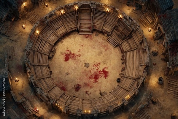 Fototapeta 	
Top-down view of a circular wooden battle arena with staircases, torches, and a bloodstained dirt floor, evoking a gritty fantasy combat setting or ancient gladiator pit	
