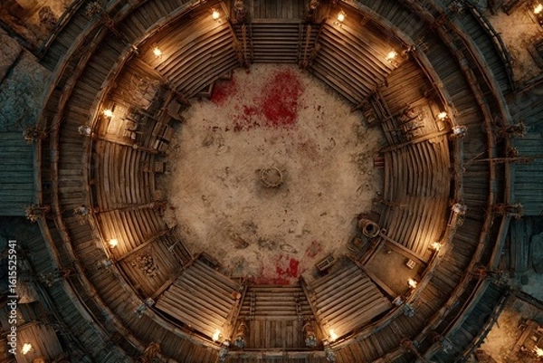 Fototapeta 	
Top-down view of a circular wooden battle arena with staircases, torches, and a bloodstained dirt floor, evoking a gritty fantasy combat setting or ancient gladiator pit	
