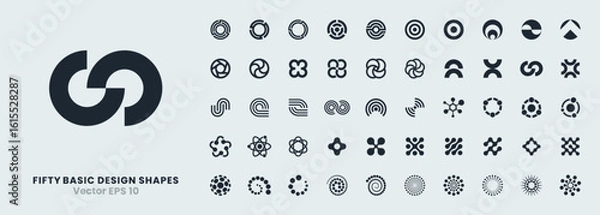 Fototapeta A set of 50 abstract vector icons based on circular shapes. Lines, spirals, and radial patterns. Includes geometric elements, round symbols designs for use in logos, graphics, and technology concepts.