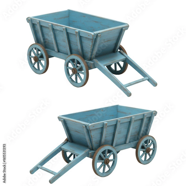 Fototapeta Blue Wooden Cart Illustration On Isolated Background With Rustic Wheels