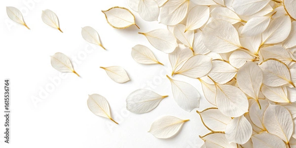 Fototapeta White and gold autumnal leaves are arranged on a pristine white background, creating a serene and minimalist atmosphere perfect for evoking the tranquility of the fall season