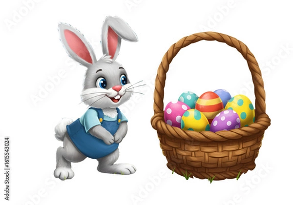 Fototapeta Cartoon Easter Bunny with Eggs in a Basket Illustration on Transparent Background