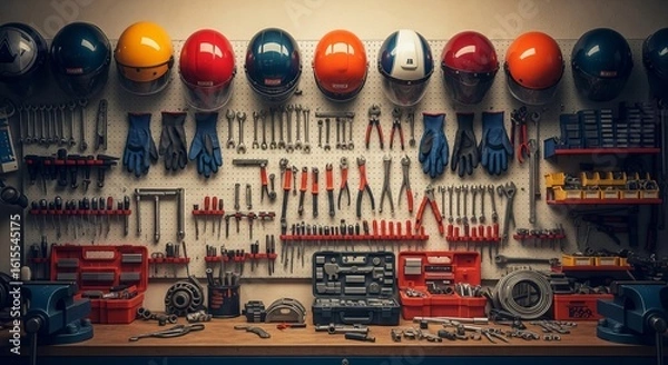 Fototapeta Organized workshop wall with colorful helmets, hand tools, and mechanical parts neatly arranged on a clean workbench for efficient mechanical or construction tasks