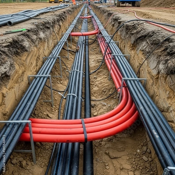 Fototapeta Neatly arranged underground conduits in parallel rows supported by metal frames inside a deep construction trench showcasing infrastructure installation in progress