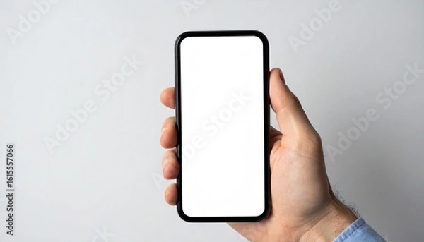 Fototapeta A hand holding a smartphone with a blank screen ready for text and design ideal for creative mockup presentations