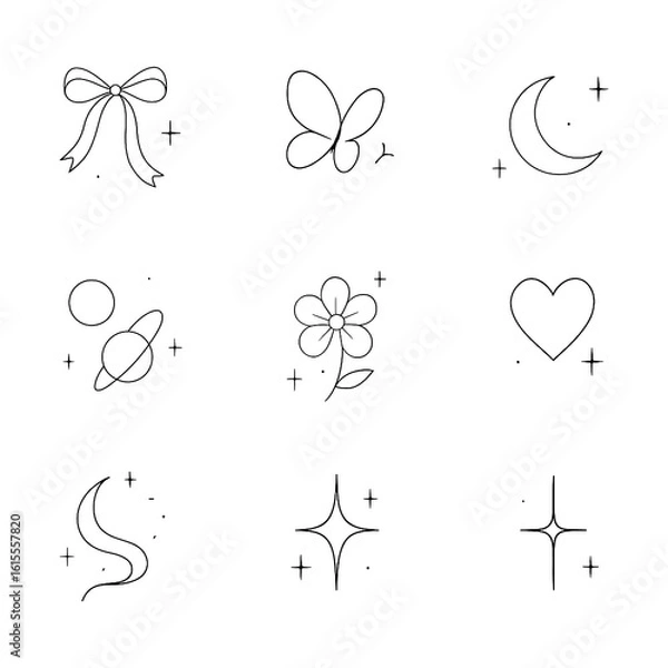 Obraz Minimal celestial and nature line art icons with stars and sparkles, Transparent Background