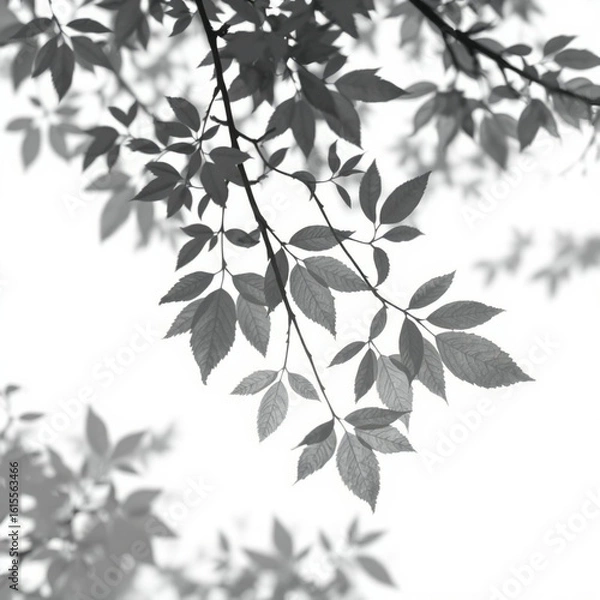Fototapeta shadow overlay effect. Gray shadow of leaves isolated on white background. Plant foliage leaf shadow 
light effect. Mockup Blurred tree branch shadow. Ideal for summer spring design elements PNG