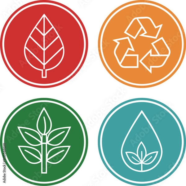 Fototapeta Four circular icons with white line art symbols for sustainability leaf recycle