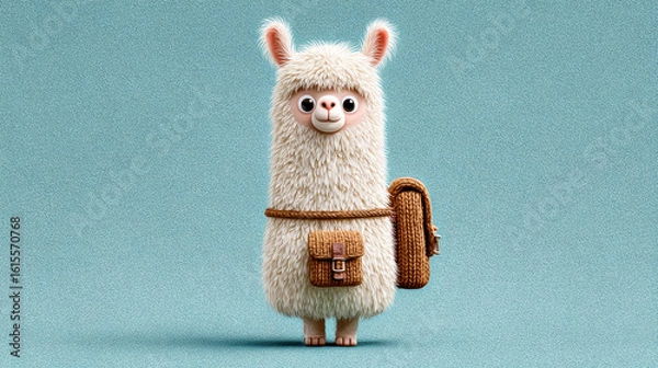 Fototapeta Cute alpaca cartoon, Adventurous cartoon alpaca with a small backpack, perfect for whimsical designs and fun illustrations.