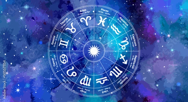 Fototapeta Zodiac vector circle on a cosmic starry background with all twelve astrological signs. Mystical and decorative design for astrology, horoscope