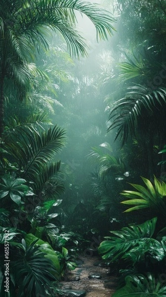 Obraz Walking Path Through Lush Tropical Rainforest Green Landscape