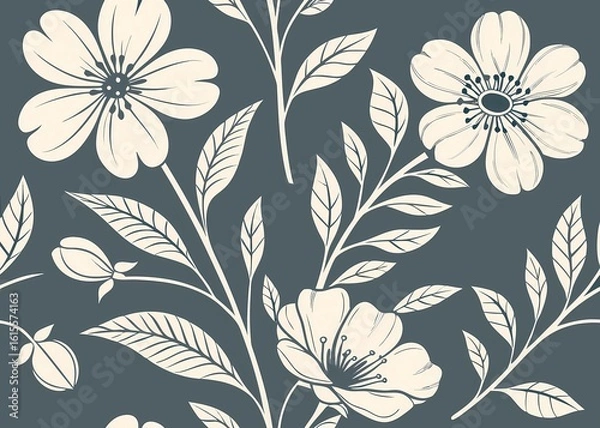 Fototapeta Seamless cute floral pattern with big and little flowers, tender pastel colors. Vector monochrome illustration in vintage style on gray-blue background.
