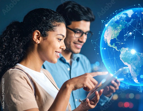 Fototapeta Two individuals interact with a tablet and digital Earth hologram, symbolizing global connectivity, futuristic technology, and collaborative data analysis in a smart digital environment