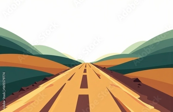 Fototapeta Colorful stylized landscape with a road stretching into the distance and rolling hills on both sides