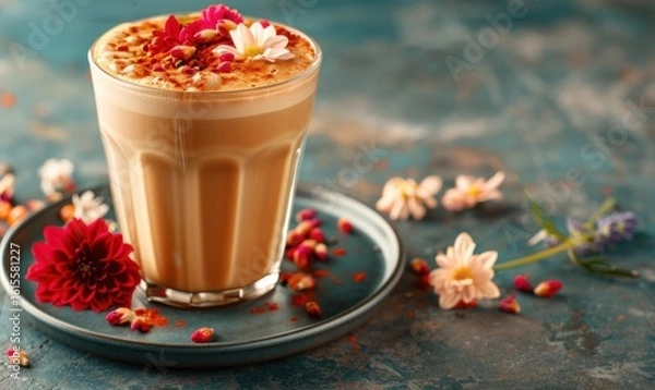 Obraz Elegant coffee drink with flower petals on plate close up studio shot