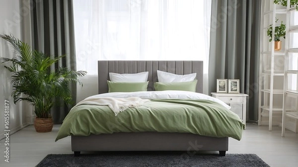 Fototapeta Calm bedroom setting with sage green bedding, soft light, potted plants and gray accents