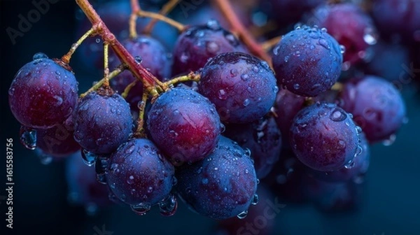 Fototapeta A dense cluster of dark purple grapes, each berry covered in a fine mist of dew, with tendrils curling naturally around the stem.