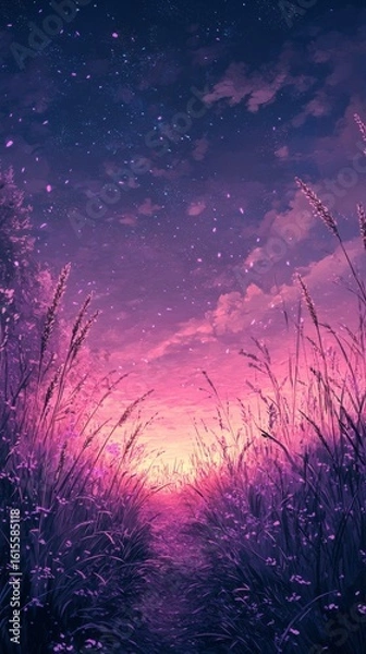 Obraz Walking Path Through Tall Grass at Dusk with Starry Sky