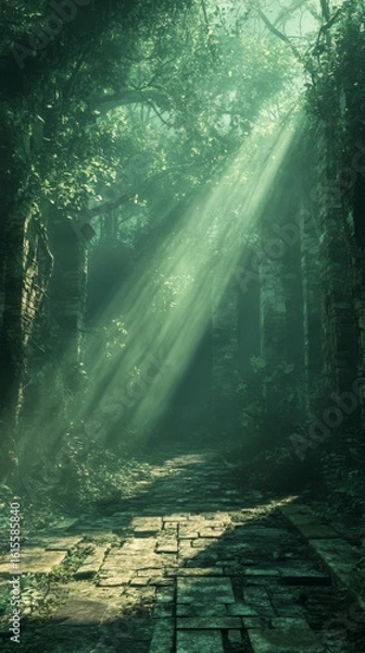 Obraz Walking Stone Path Through Mystical Forest with Sun Rays