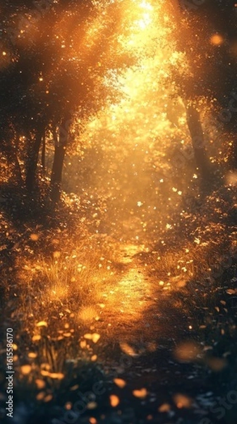 Obraz Walking Path Through Forest Glowing in Golden Sunlight