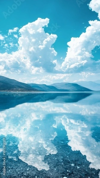 Obraz Reflecting Lake Landscape with Clear Sky and Mountains