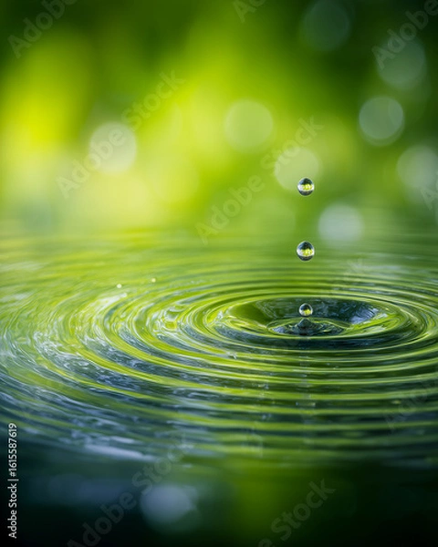Fototapeta Single Water Droplet Creating Ripple in Still Green Pond with Soft Bubbles and Gentle Waves