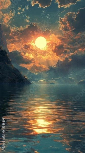 Obraz Sunset Over Mountain Lake with Reflecting Water and Dramatic Clouds