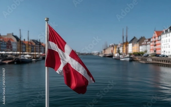 Fototapeta Danish colors dance softly over Copenhagen harbor, historic buildings reflecting in gentle waters