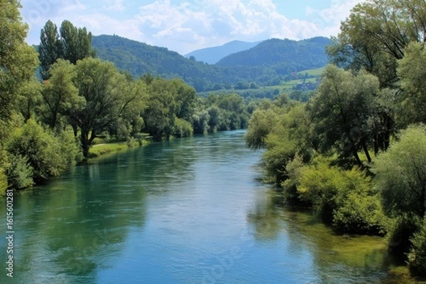 Fototapeta Serene scenery featuring a blue stream and lush foliage