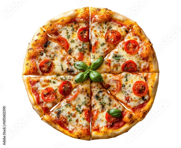 Obraz Delicious homemade pizza with fresh tomato slices and basil leaves on a transparent background