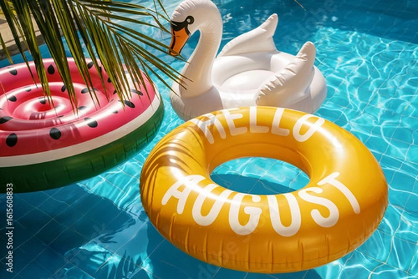 Fototapeta Hello August! A yellow  inflatable ring with greeting text, swan-shaped pool float and watermelon-shaped mattress arranged in crystal-clear turquoise water.	