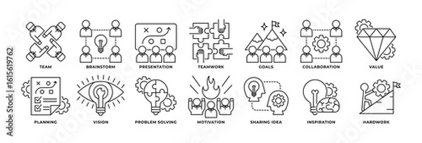Obraz Icon Set of Teamwork, Brainstorm, Presentation, Goals, Collaboration, Value, Planning, Vision and more. Icon Outline Style
