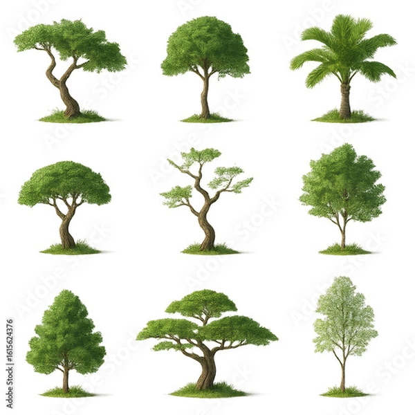 Obraz Diverse stylized trees with extreme forms and lush foliage isolated on transparent background. Generative AI