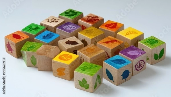 Fototapeta Colorful wooden blocks with nature-themed designs.