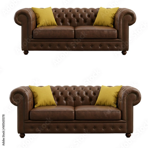 Fototapeta Isolated 3D Render Brown Leather Sofa With Yellow Pillows Background