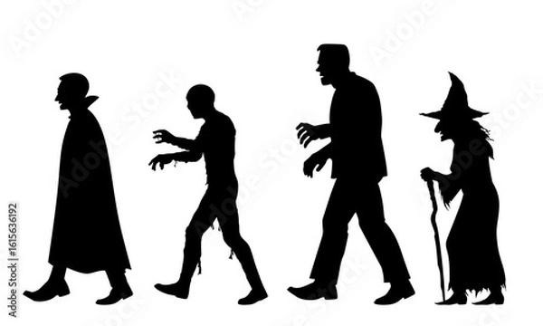 Obraz Halloween character silhouettes vector. vampire, mummy, Frankenstein, witch. isolated on white background