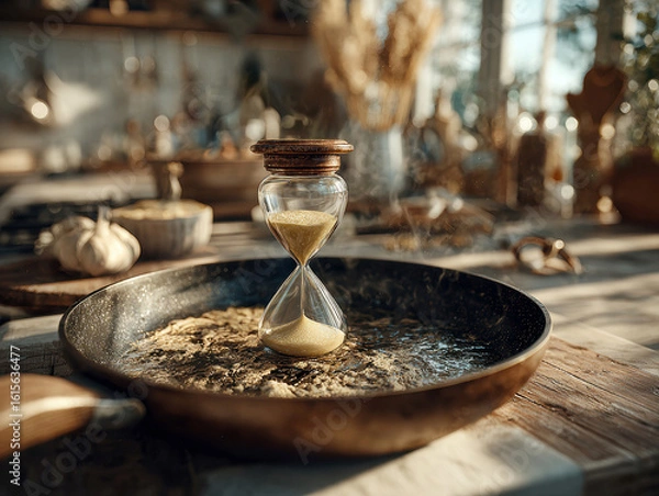 Fototapeta Close-up image of a 3D frying pan with an hourglass inside, suggesting time consumption, set in a rustic kitchen or workshop The focus is on an hourglass with sand, surrounded by grain - AI-Generated