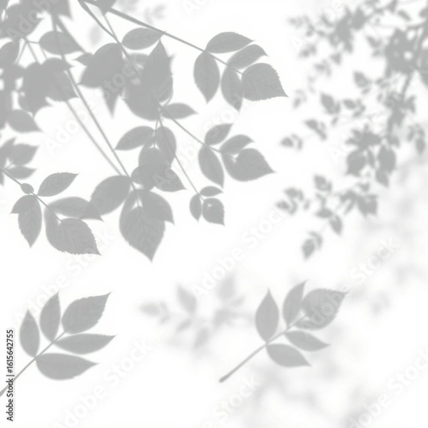 Obraz shadow overlay effect. Gray shadow of leaves isolated on white background. 
Plant foliage leaf shadow light effect. Mockup Blurred tree branch shadow. Ideal for summer spring design elements PNG