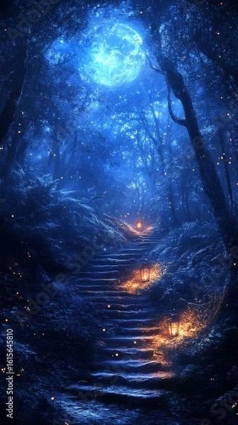 Obraz Steps in Dark Forest Under a Shining Moon with Lanterns
