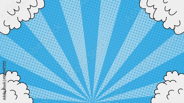 Fototapeta Halftone sunray style blue comic background with clouds on the edge. Suitable for comics, prints, posters, etc.