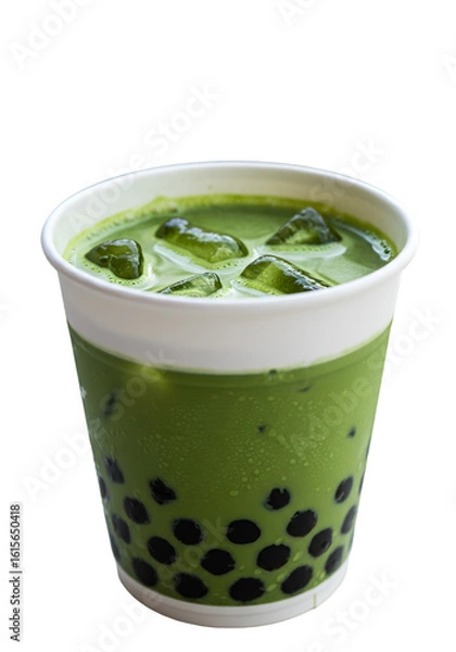 Fototapeta Isolated Matcha Tea Drink With Bubble And Ice Photo On Transparent Background