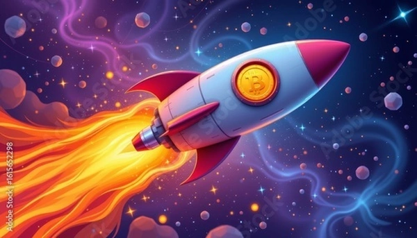 Fototapeta Bitcoin rocket launching into a spa a futuristic adventure in a cosmic setting