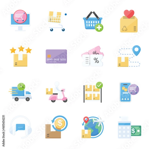Obraz E commerce and Online Shopping Icon Set Flat Pastel Style