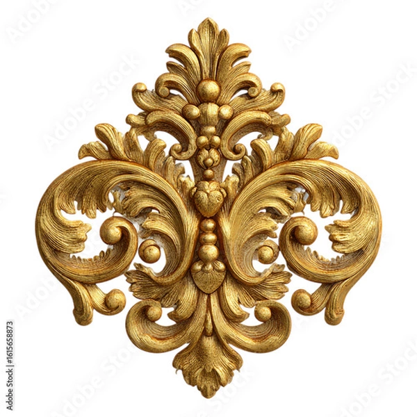 Fototapeta Photo of an intricately detailed golden baroque ornament with scrollwork and floral embellishments on white isolated on transparent background