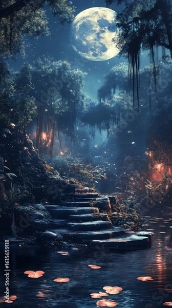 Obraz Moonlit Stone Steps Leading Through Enchanted Forest