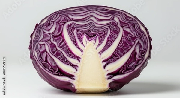 Fototapeta Cross section of vibrant red cabbage on white background