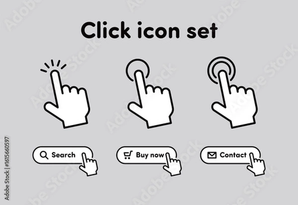 Obraz ボタンをクリックする指のアイコンセット　モノクロ