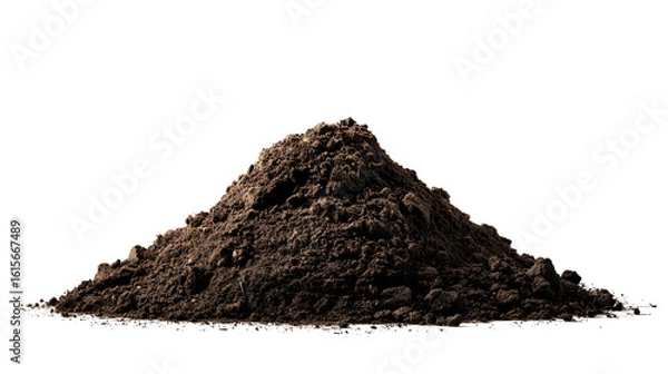 Fototapeta Dark soil pile isolated on black background earthy tones rich texture gardening agriculture